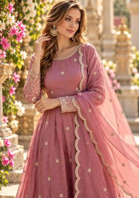 Pink silk blend readymade anarkali suit with embroidery & sequence work 2