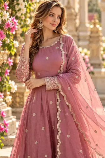 Pink silk blend readymade anarkali suit with embroidery & sequence work