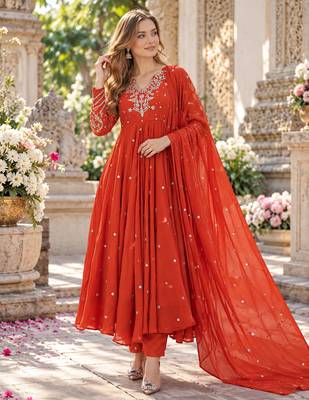 Rust georgette readymade anarkali suit with embroidery & sequence work 1