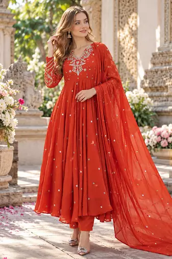 Rust georgette readymade anarkali suit with embroidery & sequence work