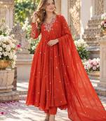 Rust georgette readymade anarkali suit with embroidery & sequence work