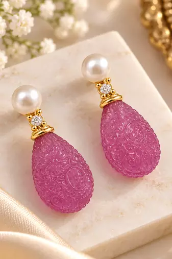 Certified natural freshwater pearls jewellery carved pink drop earrings with pearl top and crystal accent