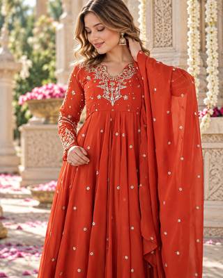 Rust georgette readymade anarkali suit with embroidery & sequence work 2