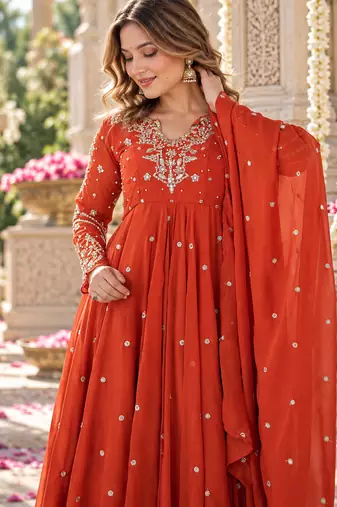 Rust georgette readymade anarkali suit with embroidery & sequence work