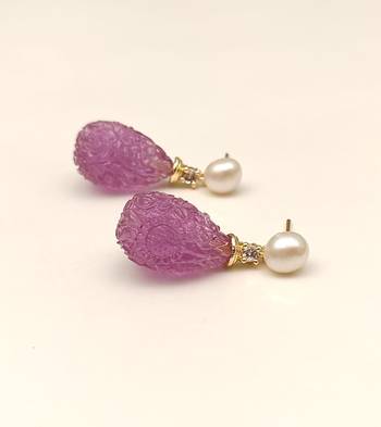 Certified natural freshwater pearls jewellery carved pink drop earrings with pearl top and crystal accent 3