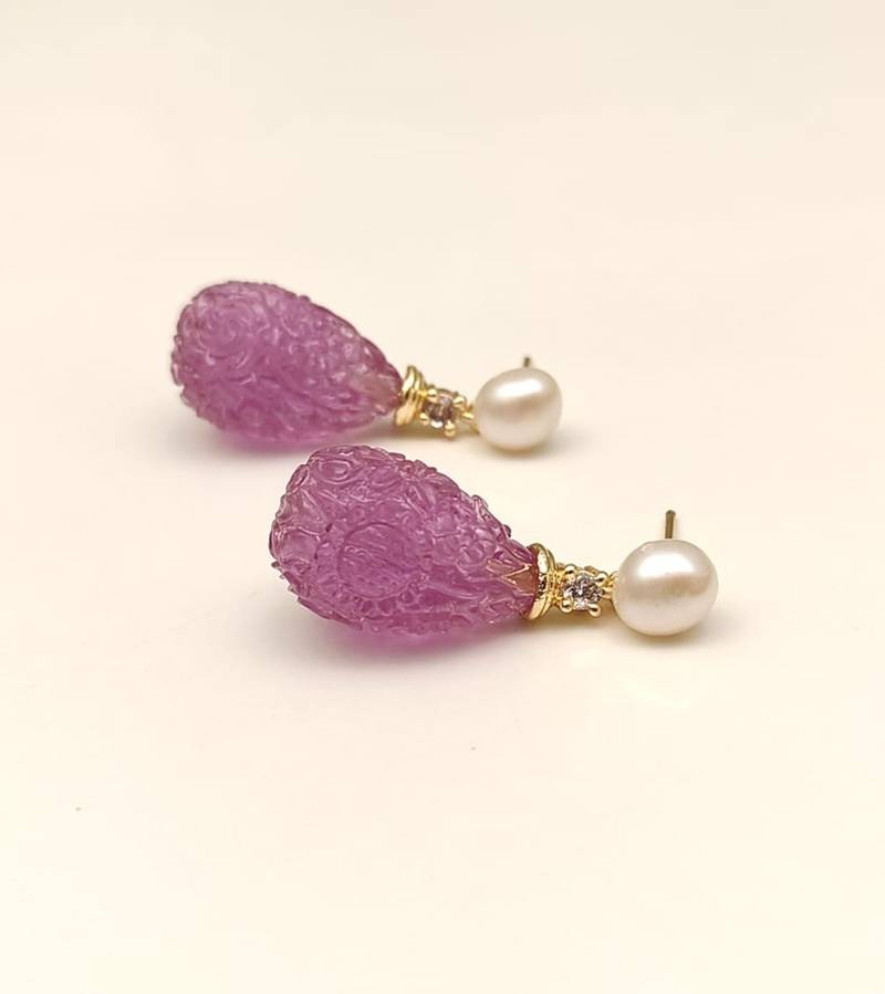Certified natural freshwater pearls jewellery carved pink drop earrings with pearl top and crystal accent