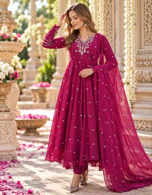 Magenta georgette readymade anarkali suit with embroidery & sequence work 1