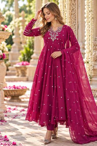 Magenta georgette readymade anarkali suit with embroidery & sequence work