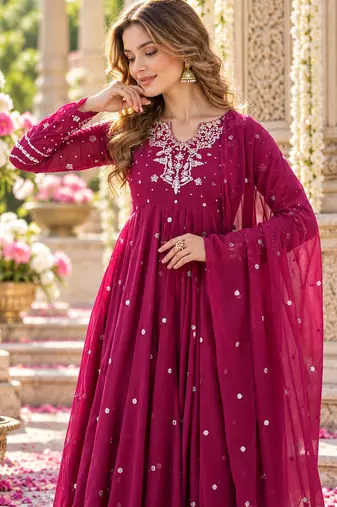 Magenta georgette readymade anarkali suit with embroidery & sequence work