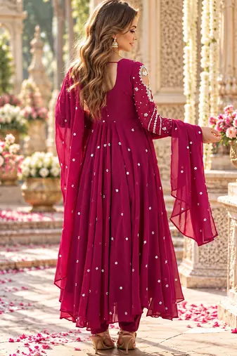 Magenta georgette readymade anarkali suit with embroidery & sequence work