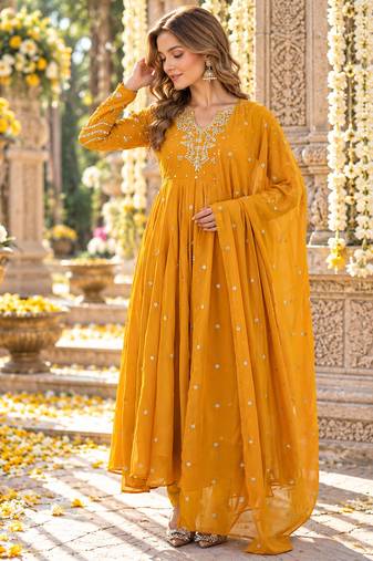 Yellow georgette readymade anarkali suit with embroidery & sequence work