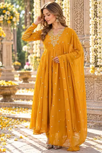 Yellow georgette readymade anarkali suit with embroidery & sequence work