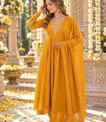 Yellow georgette readymade anarkali suit with embroidery & sequence work