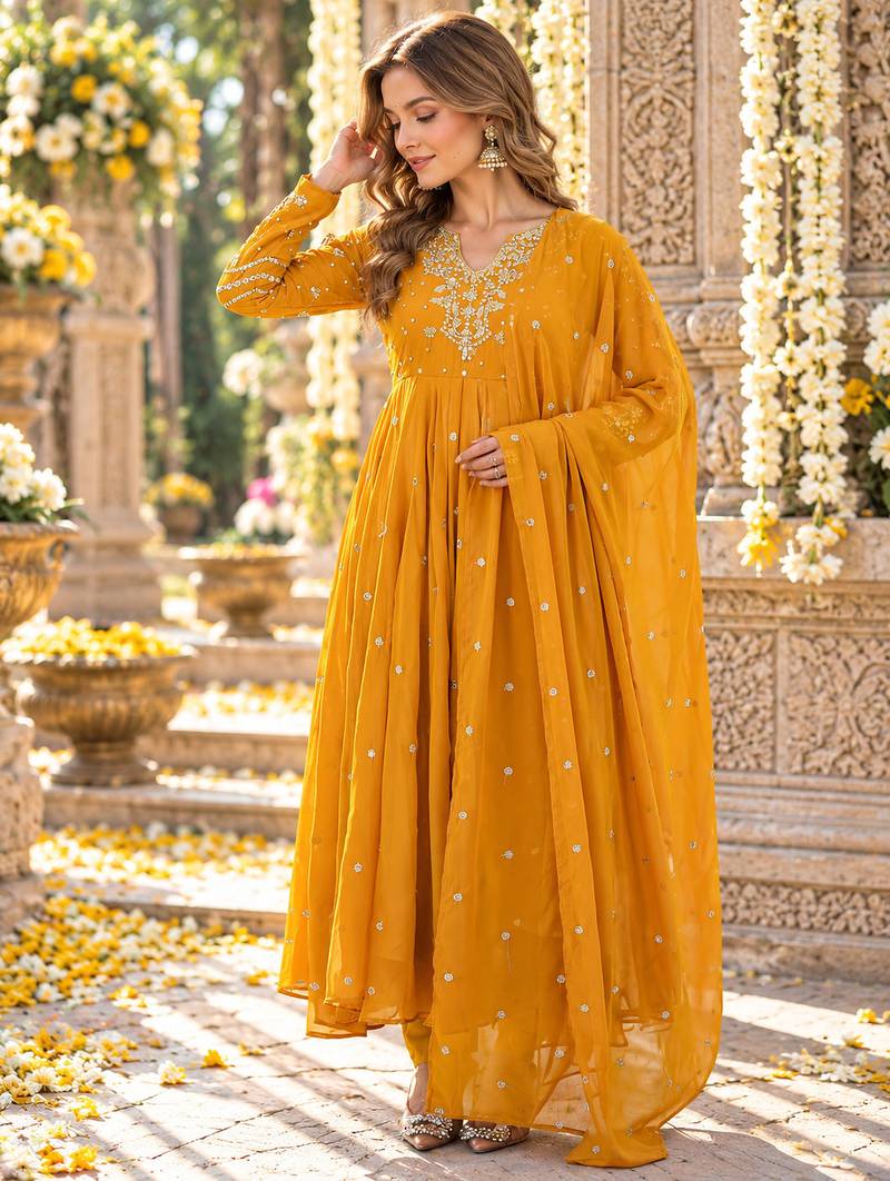 Yellow georgette readymade anarkali suit with embroidery & sequence work