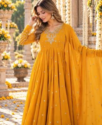 Yellow georgette readymade anarkali suit with embroidery & sequence work 2