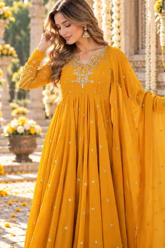 Yellow georgette readymade anarkali suit with embroidery & sequence work