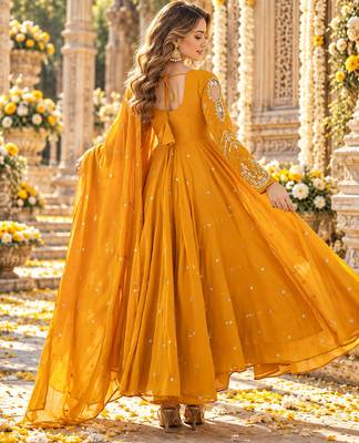 Yellow georgette readymade anarkali suit with embroidery & sequence work 3