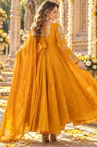 Yellow georgette readymade anarkali suit with embroidery & sequence work