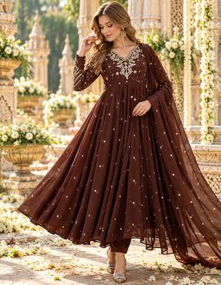 D brown georgette readymade anarkali suit with embroidery & sequence work 1