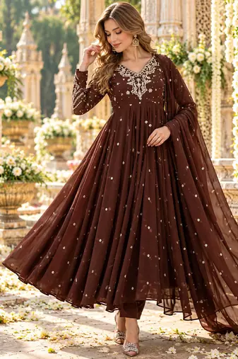 D brown georgette readymade anarkali suit with embroidery & sequence work