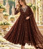 D brown georgette readymade anarkali suit with embroidery & sequence work