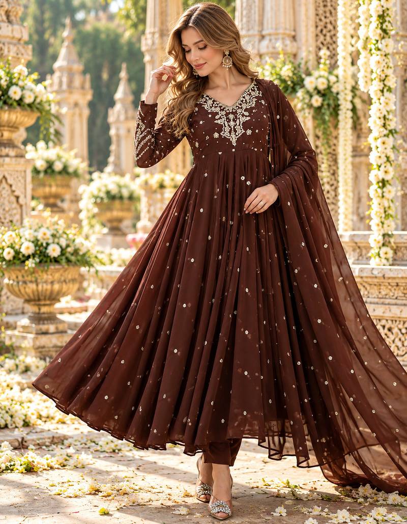 D brown georgette readymade anarkali suit with embroidery & sequence work