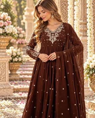 D brown georgette readymade anarkali suit with embroidery & sequence work 2
