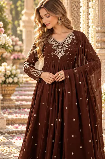 D brown georgette readymade anarkali suit with embroidery & sequence work
