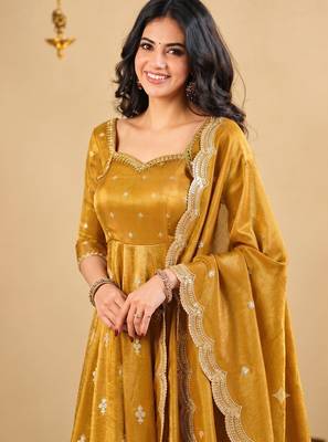 Mustard yellow embroidered anarkali kurta with pant and dupatta set for women 3