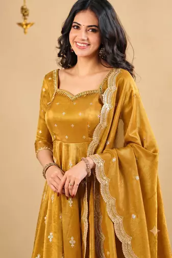 Mustard yellow embroidered anarkali kurta with pant and dupatta set for women