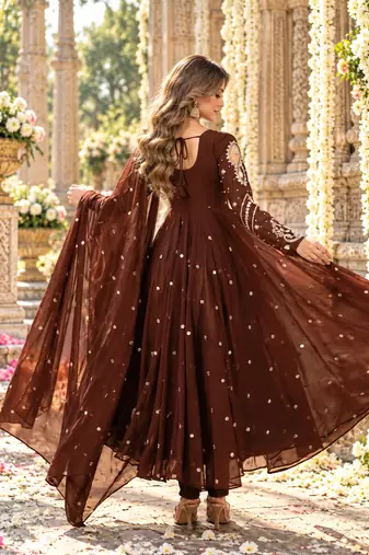 D brown georgette readymade anarkali suit with embroidery & sequence work