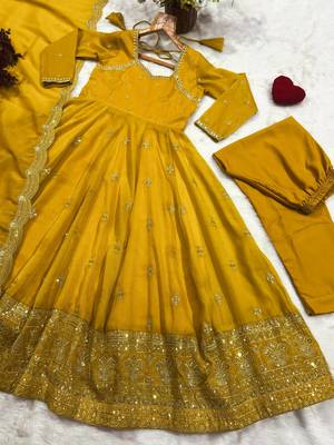 Mustard yellow embroidered anarkali kurta with pant and dupatta set for women 4