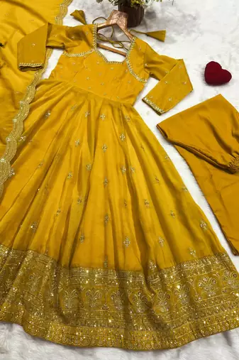 Mustard yellow embroidered anarkali kurta with pant and dupatta set for women