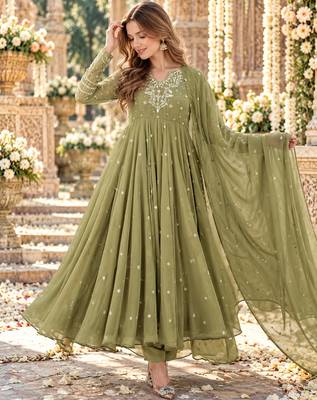Mehendi georgette readymade anarkali suit with embroidery & sequence work 1