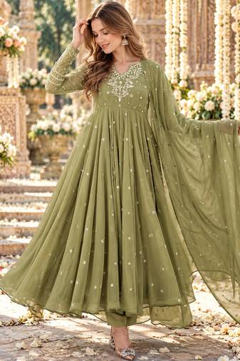 Mehendi georgette readymade anarkali suit with embroidery & sequence work