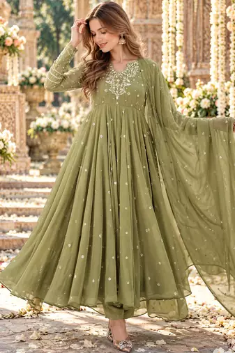 Mehendi georgette readymade anarkali suit with embroidery & sequence work