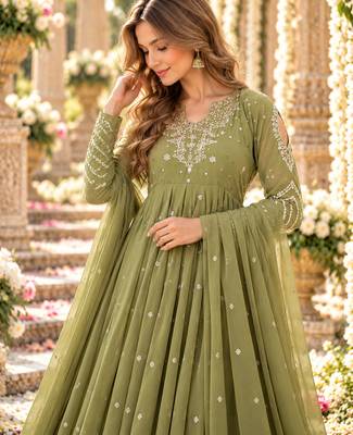 Mehendi georgette readymade anarkali suit with embroidery & sequence work 2