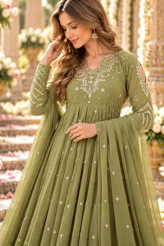 Mehendi georgette readymade anarkali suit with embroidery & sequence work