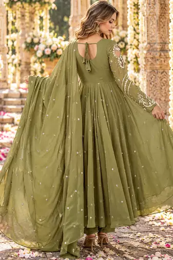 Mehendi georgette readymade anarkali suit with embroidery & sequence work