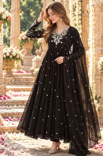 Black georgette readymade anarkali suit with embroidery & sequence work