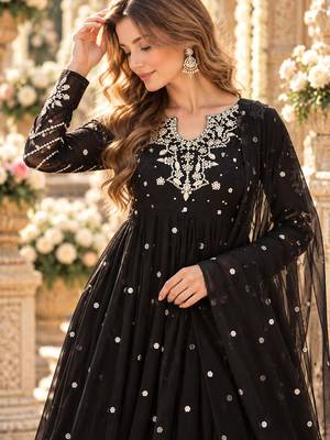 Black georgette readymade anarkali suit with embroidery & sequence work 2