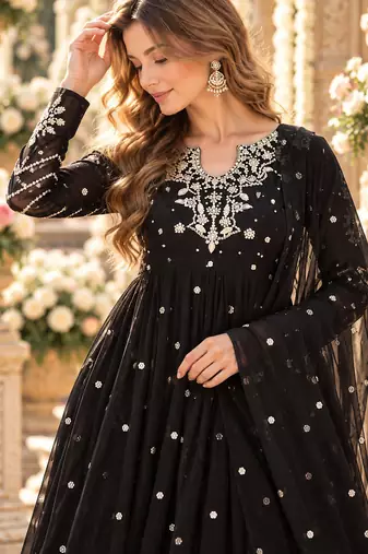 Black georgette readymade anarkali suit with embroidery & sequence work