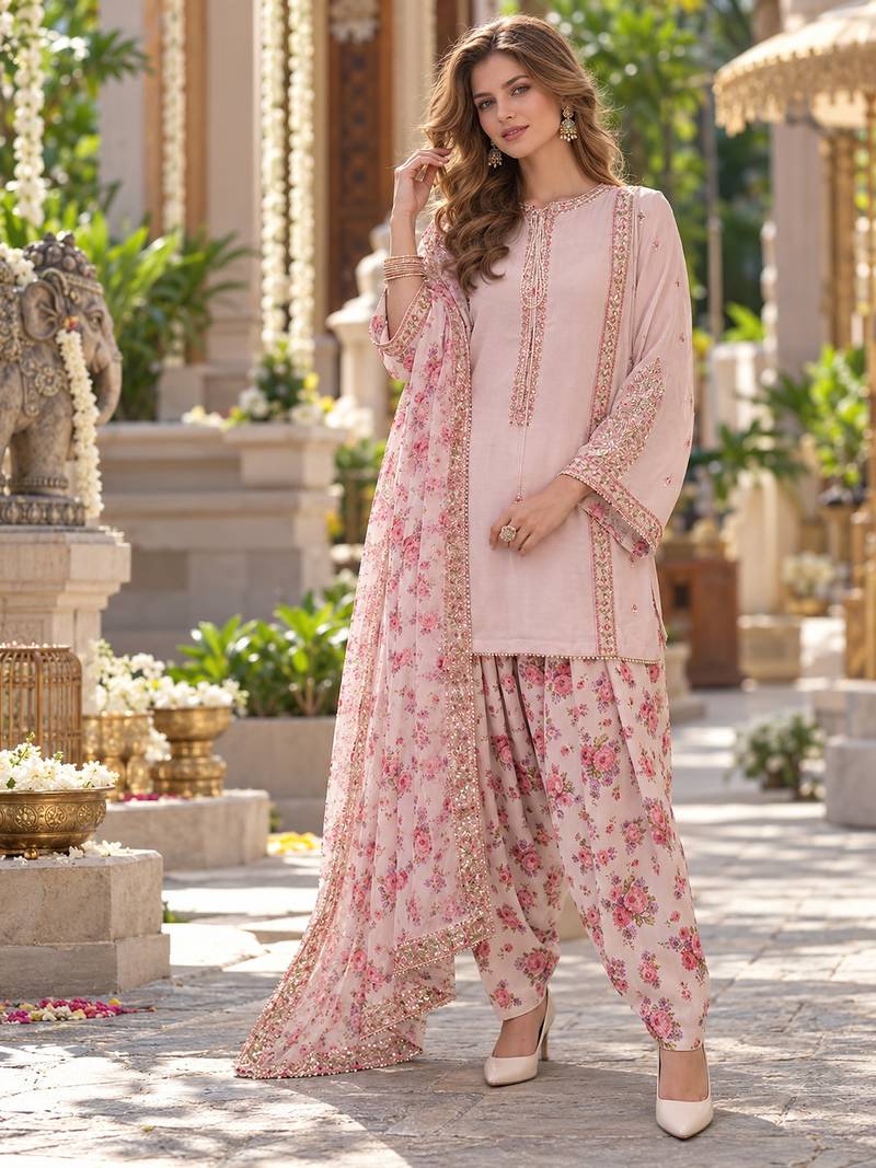 White georgette readymade suit with embroidery & sequence work