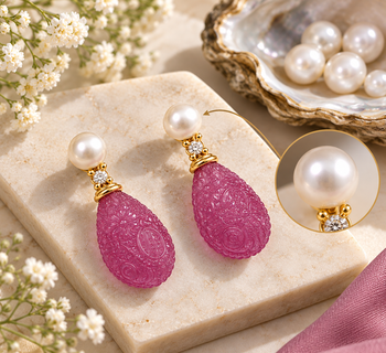 Certified natural freshwater pearls jewellery carved pink drop earrings with pearl top and crystal accent 4