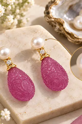 Certified natural freshwater pearls jewellery carved pink drop earrings with pearl top and crystal accent