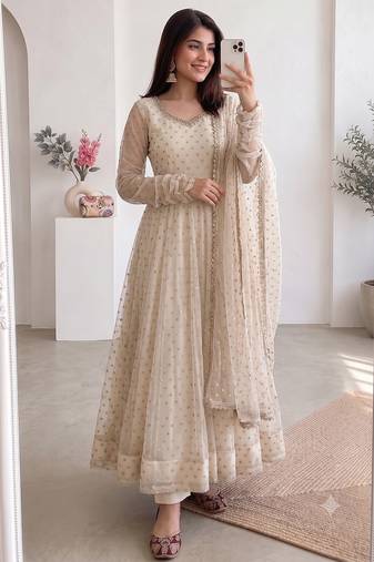 Women cream polka dot anarkali suit with solid trouser pant & border dupatta