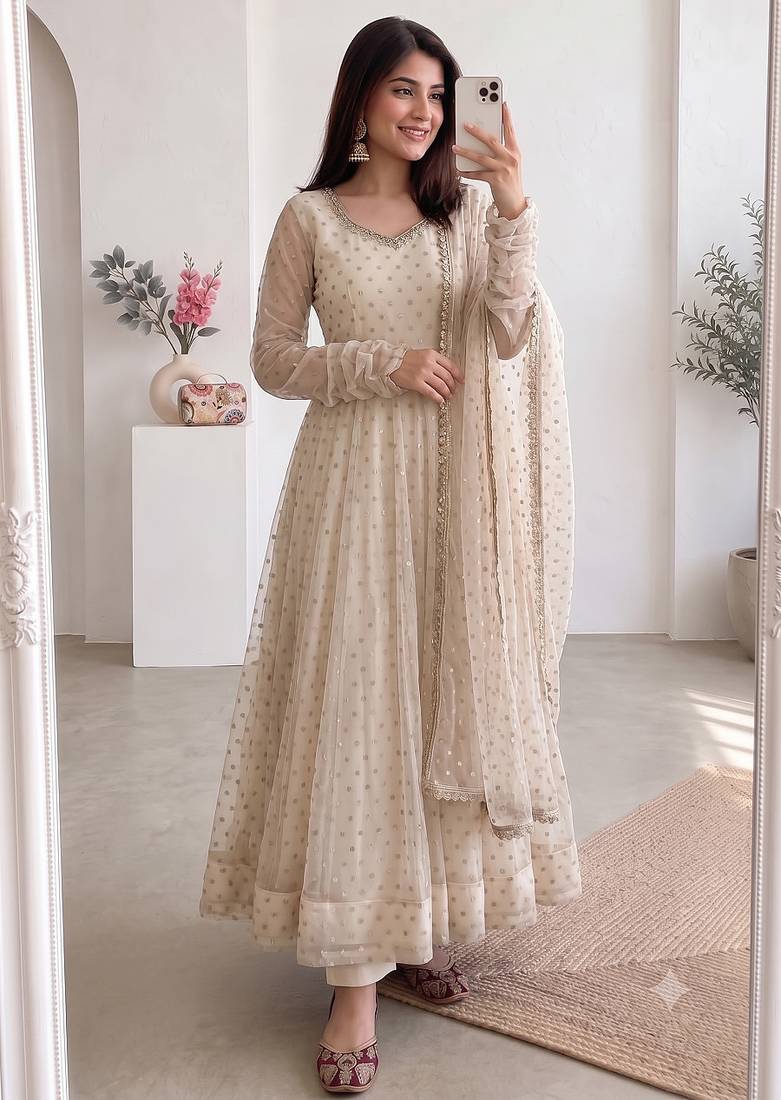 Women cream polka dot anarkali suit with solid trouser pant & border dupatta