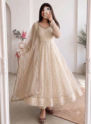 Women cream polka dot anarkali suit with solid trouser pant & border dupatta 2