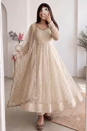 Women cream polka dot anarkali suit with solid trouser pant & border dupatta