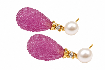 Certified natural freshwater pearls jewellery carved pink drop earrings with pearl top and crystal accent 5